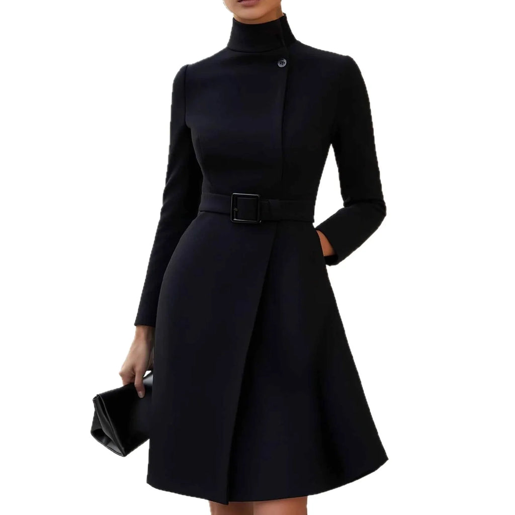 Women's black bohemian style long sleeve dress with high waist and stand collar