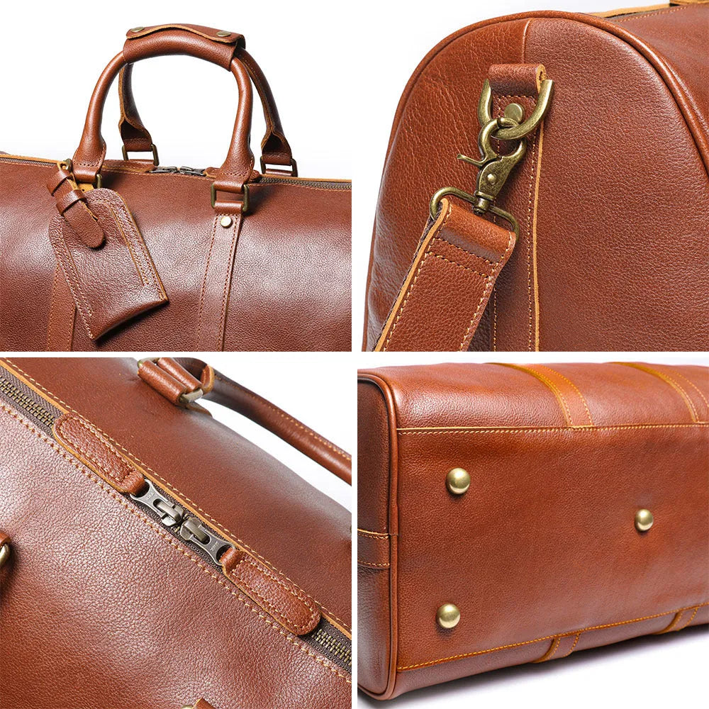 Men's genuine leather shoulder crossbody gym bag in dark coffee colour with visible stitching and adjustable strap