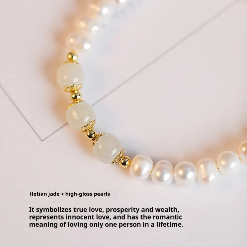 Korean style freshwater pearl bracelet with a diamond-shaped pearl in an electroplated Hetian jade colour.