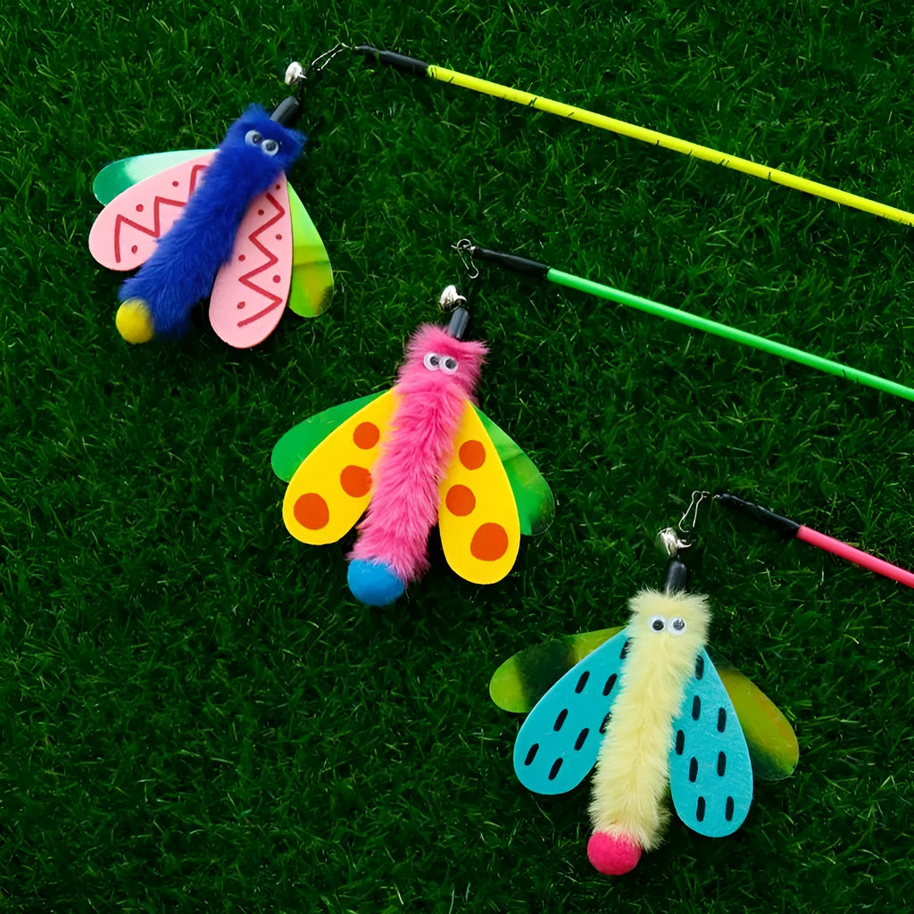 Blue, yellow, and pink cat wand toy with dragonfly bell teaser on a 49cm stick.