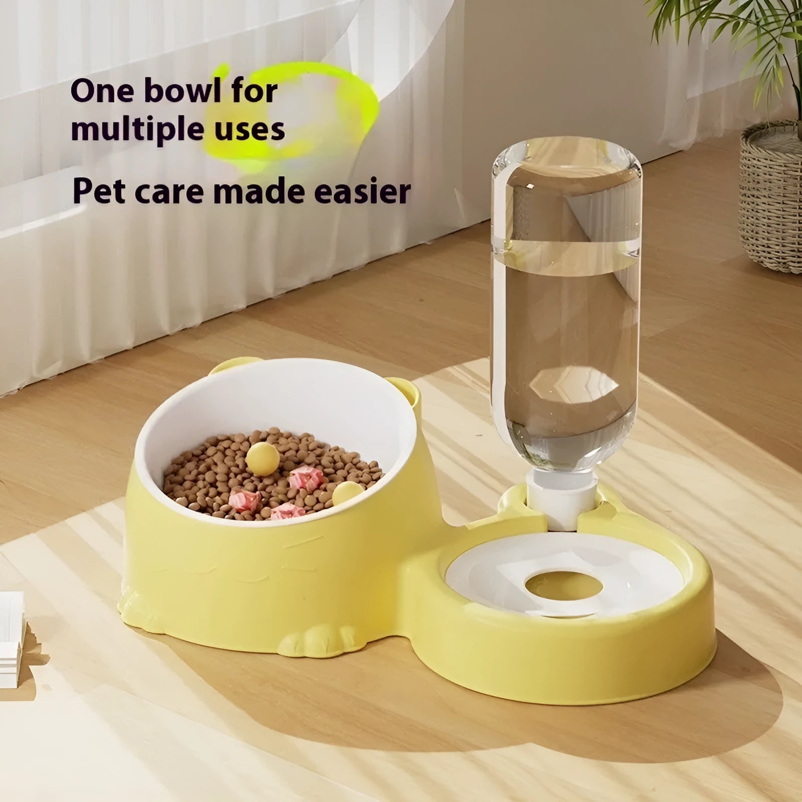 Grass green plastic double bowl automatic pet feeder and water fountain for cats.