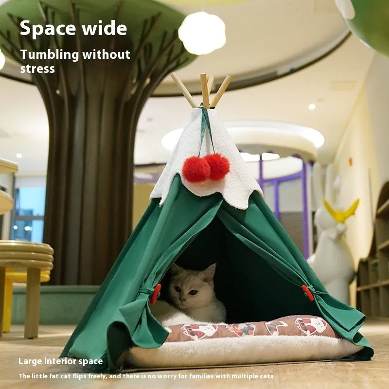 Semi-closed cat house with cloth construction in brown mat colour showing dimensions