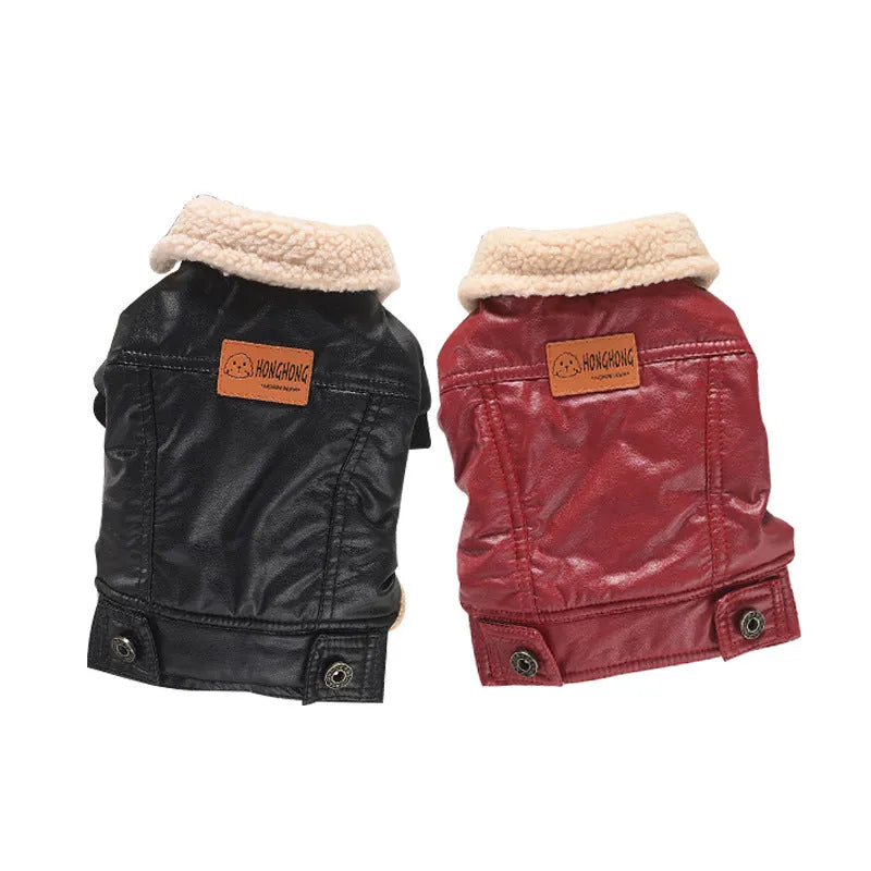PU leather pet coat with fleece lining in black or red colour with British style design