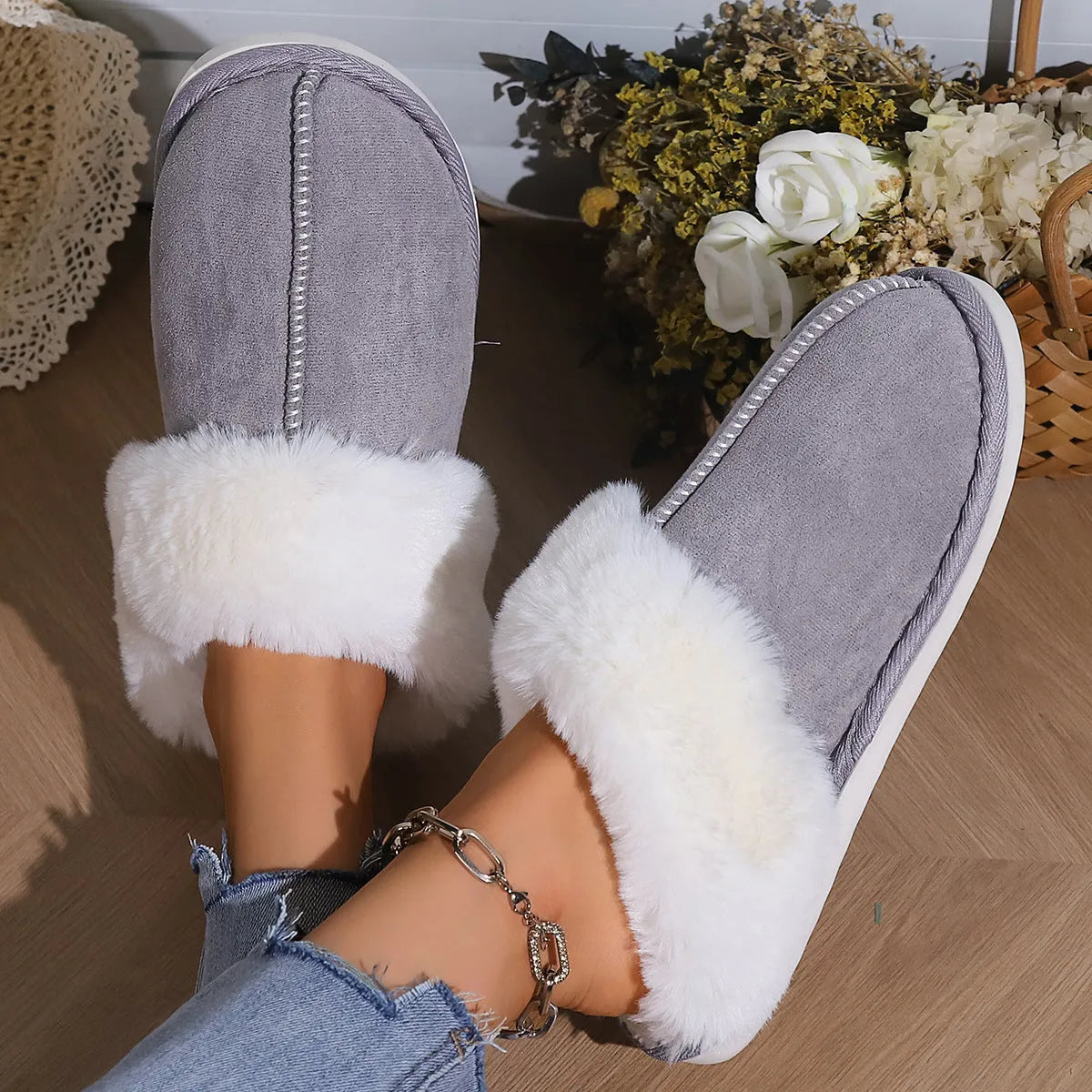 Cotton slippers with fleece lining, artificial wool inner, flat 2cm heel, PVC sole, solid colour design, sizes 36-45