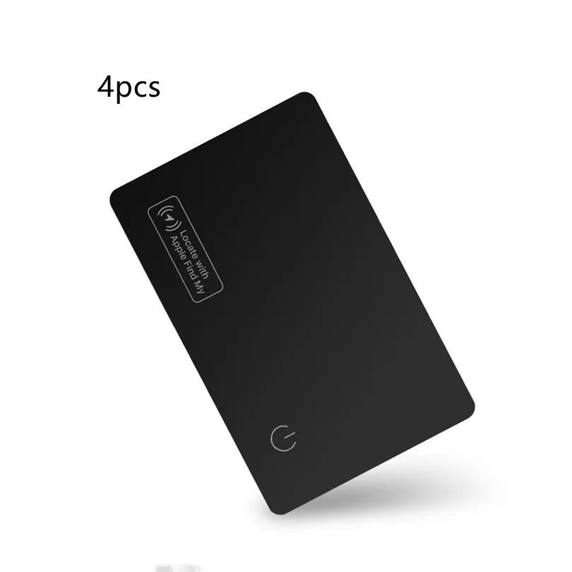 Black ultra-thin anti-loss tracking card for Apple devices with wireless charging, shown next to a credit card for size comparison.