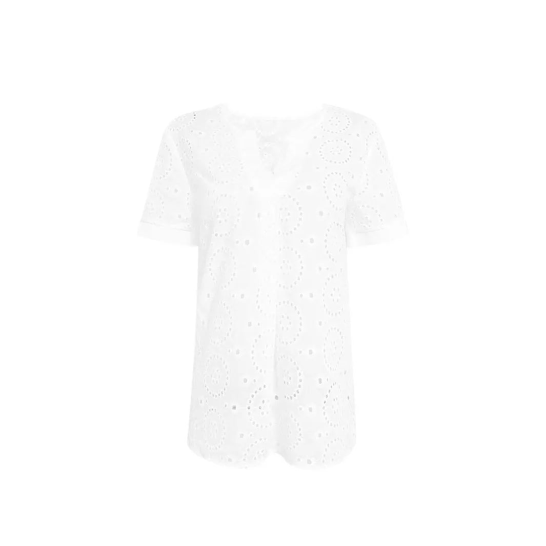 White women's V-neck T-shirt with hollow-out detail and loose casual short sleeves.