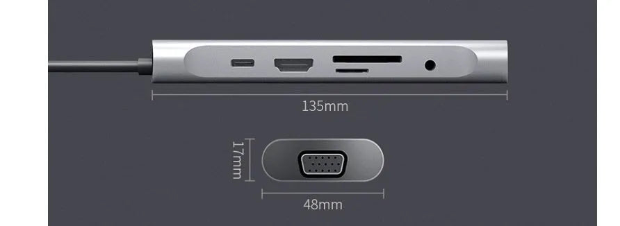 Grey aluminium USB-C docking station showing HDMI, VGA, USB, PD charging, and SD card ports.