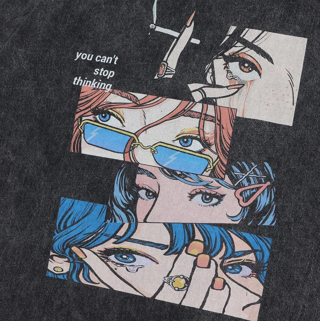 Men's washed black pure cotton t-shirt with cartoon print and short sleeves