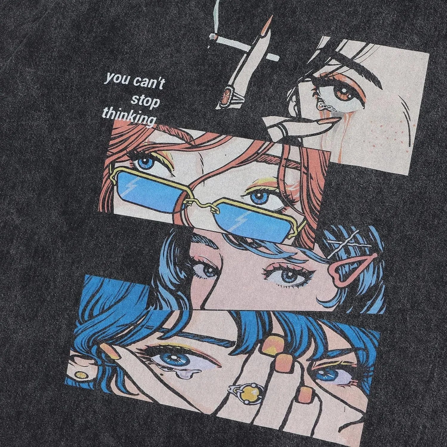 Men's washed black pure cotton t-shirt with cartoon print and short sleeves