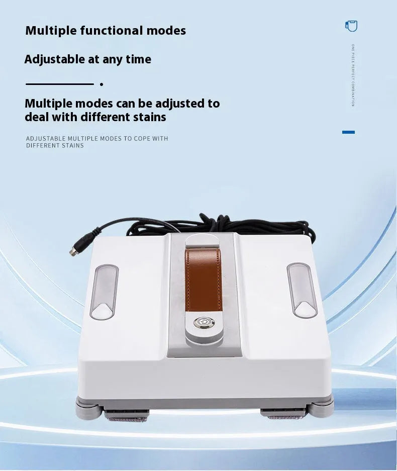 White window cleaning robot with four spray nozzles for automated high-rise window washing