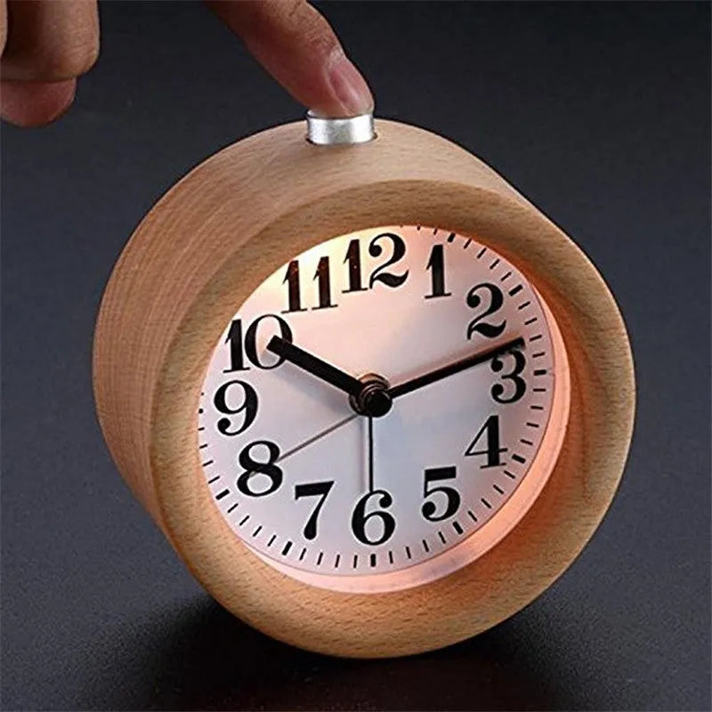 Solid beech wood silent alarm clock with 4-inch dial showing time display