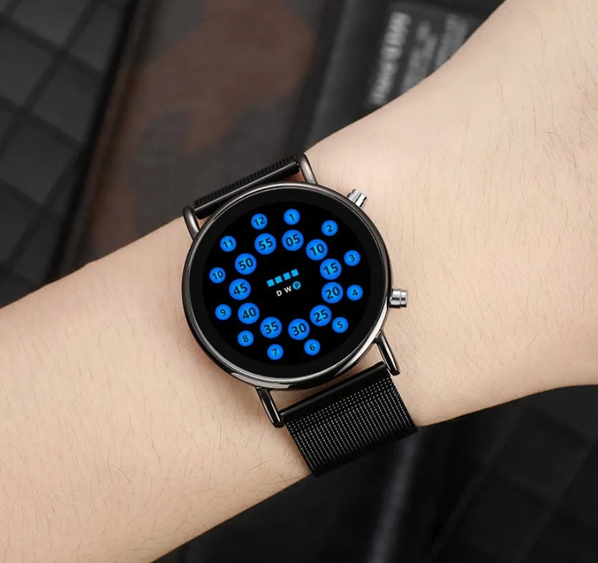 Black and silver alloy LED watch with blue lamp display on a steel mesh strap.
