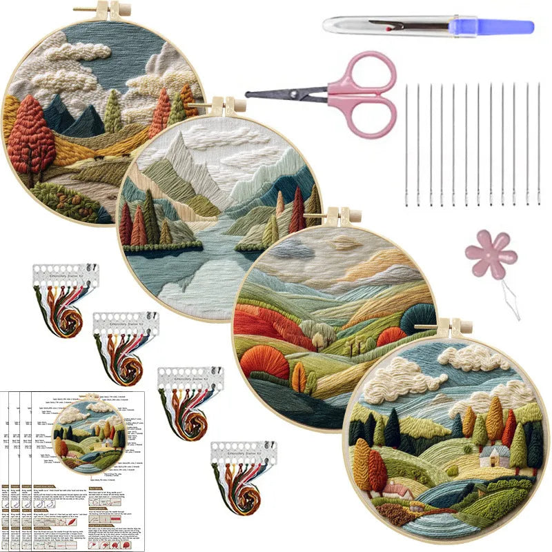 Embroidery DIY kit with cotton fabric, bamboo frame, scissors, and printed landscape pattern