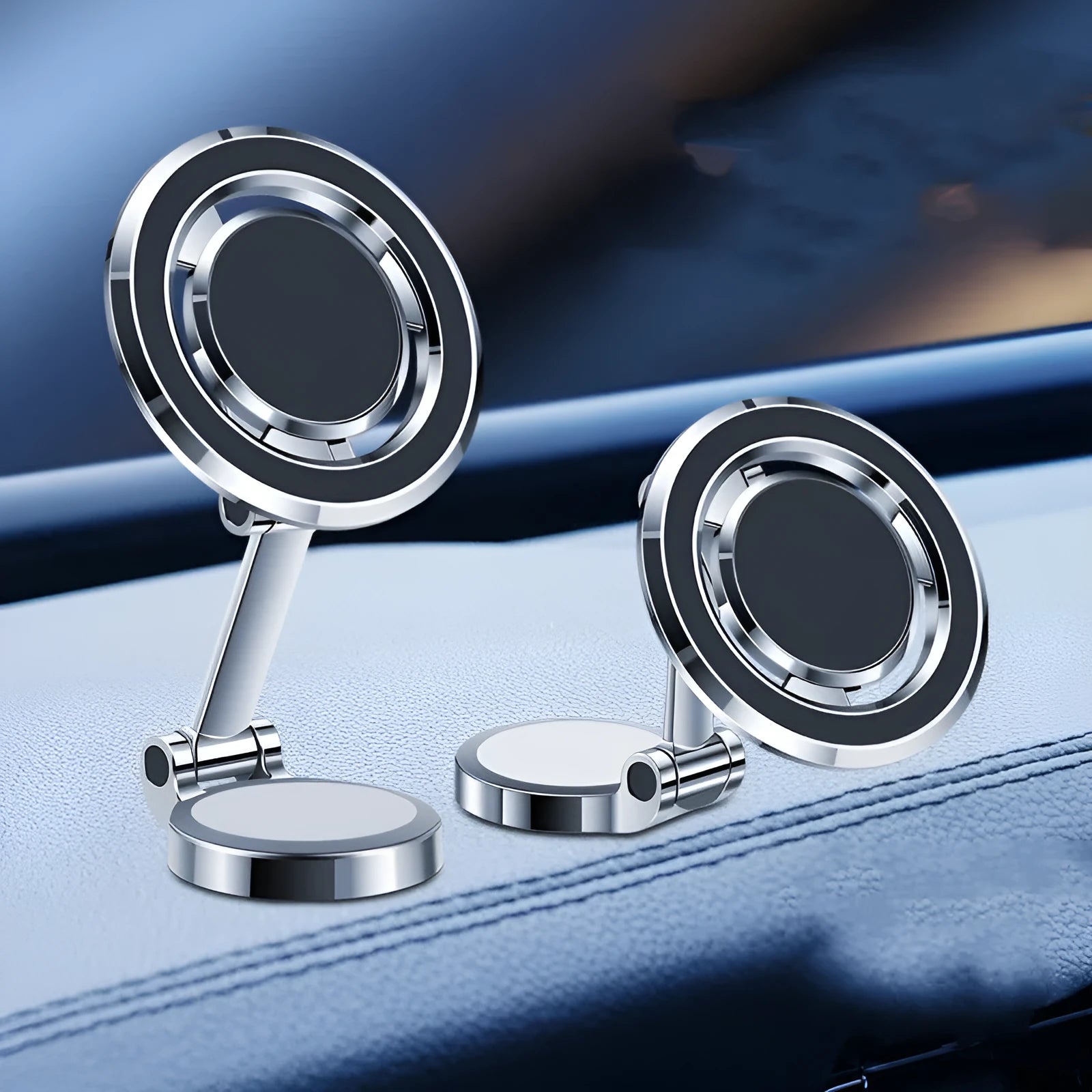 Car phone holder with magnetic adhesive mount and 360 degree rotating bracket on dashboard