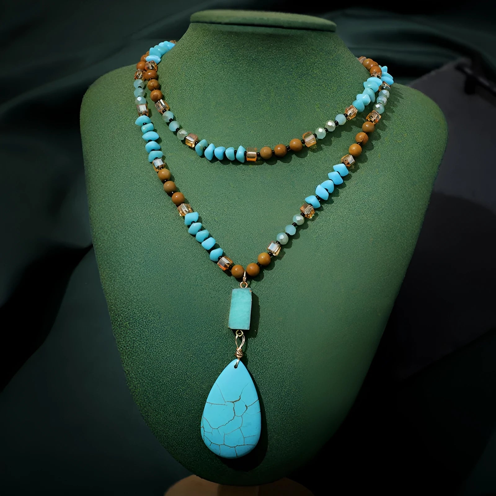 Turquoise blue water drop pendant necklace with mixed gem inlaid and 81cm ball bead chain