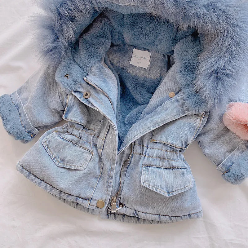 Blue denim coat for girls with a hood and plush fleece lining, shown on a hanger.