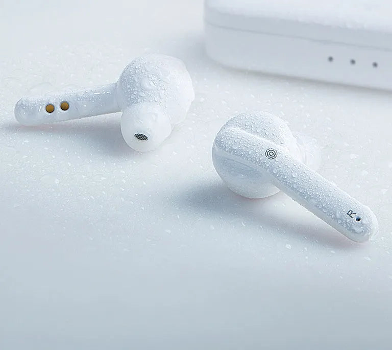 Black plastic TWS wireless earbuds with Bluetooth 5.0 and IPX5 waterproof rating.