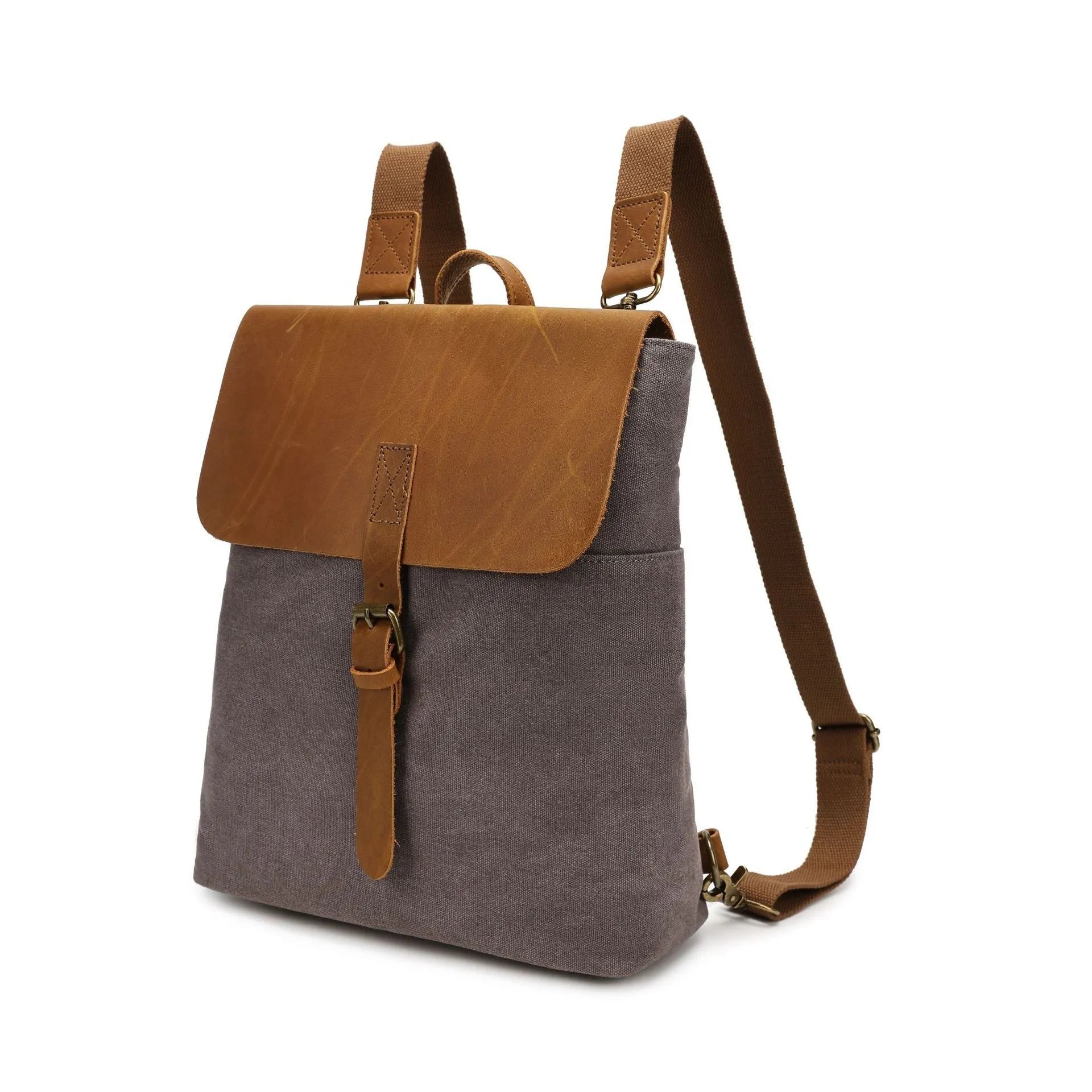 Crazy horse leather casual student backpack in waterproof canvas measuring 29×13×35cm