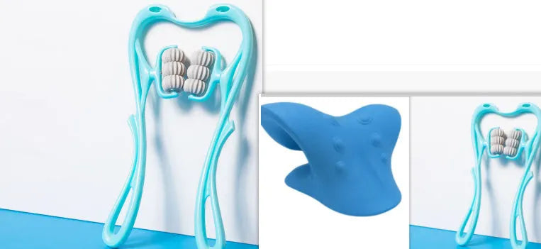 Blue manual swan-shaped neck massager with six rolling wheels and a natural crystal jade scraping board on a white background.