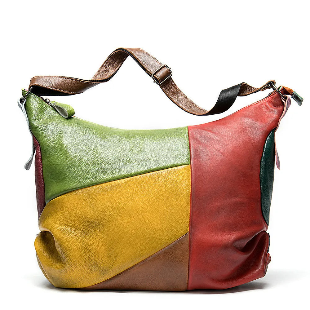 Cowhide leather travel document bag with stitching details and crossbody shoulder strap