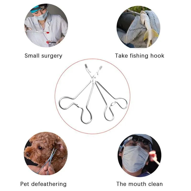 Silver stainless steel pet ear tweezers with ergonomic anti-slip handle for dog and cat ear hair removal.