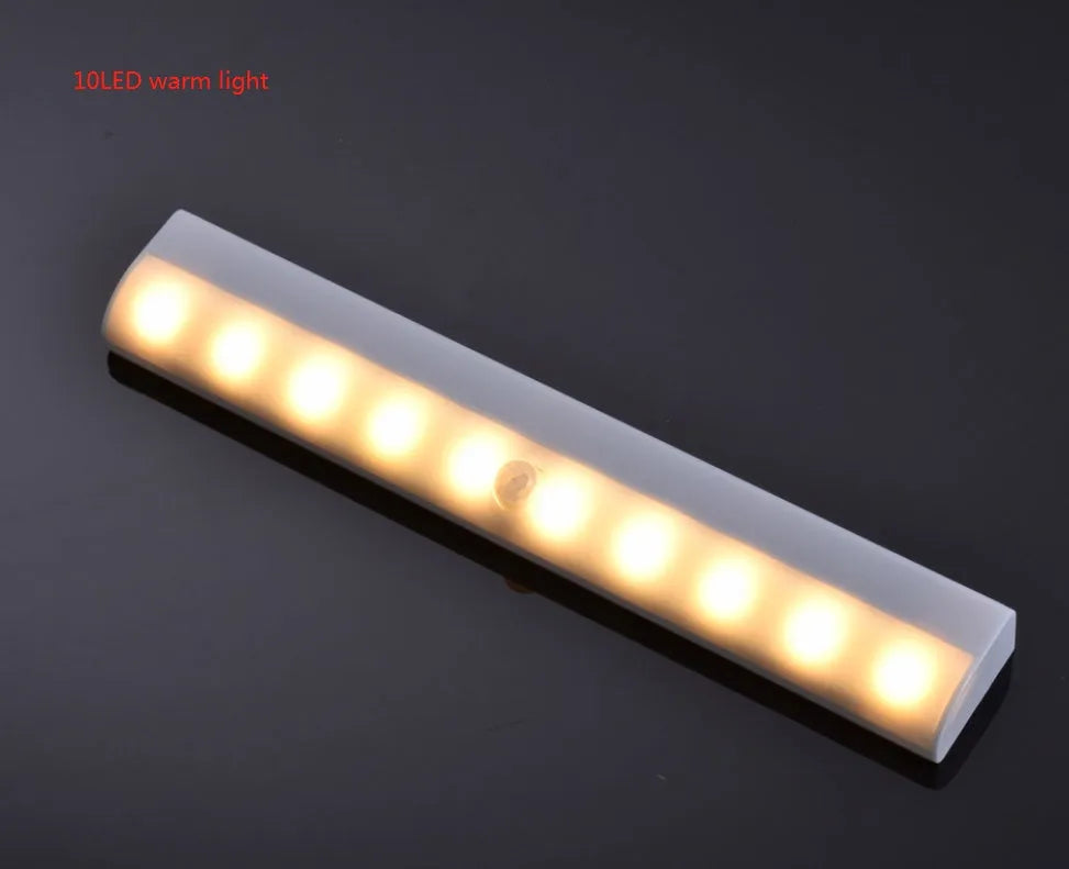 Silver aluminium LED closet light with motion sensor and magnetic back, shown illuminating a wardrobe.