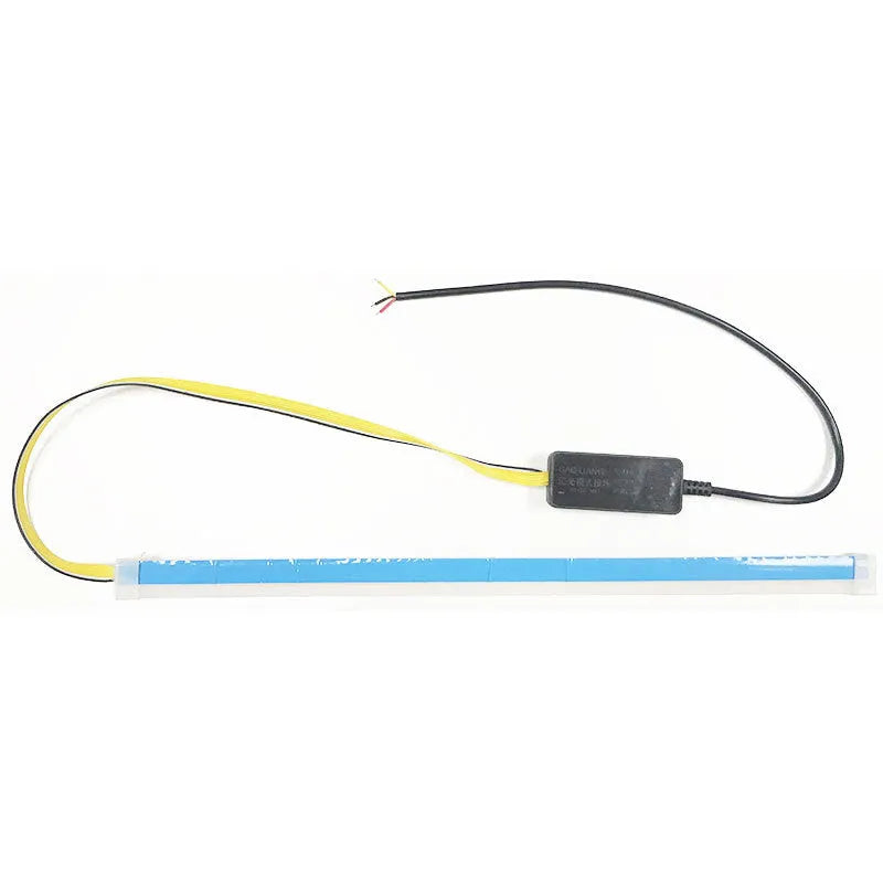 Silicone waterproof car LED strip for daytime running lights and flowing turn signals, showing wire connections.