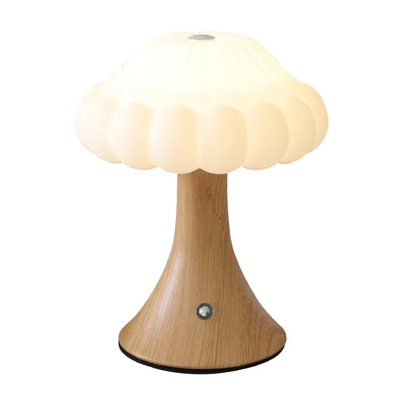 Mushroom-shaped touch control table lamp with USB charging port in wood grain colour.