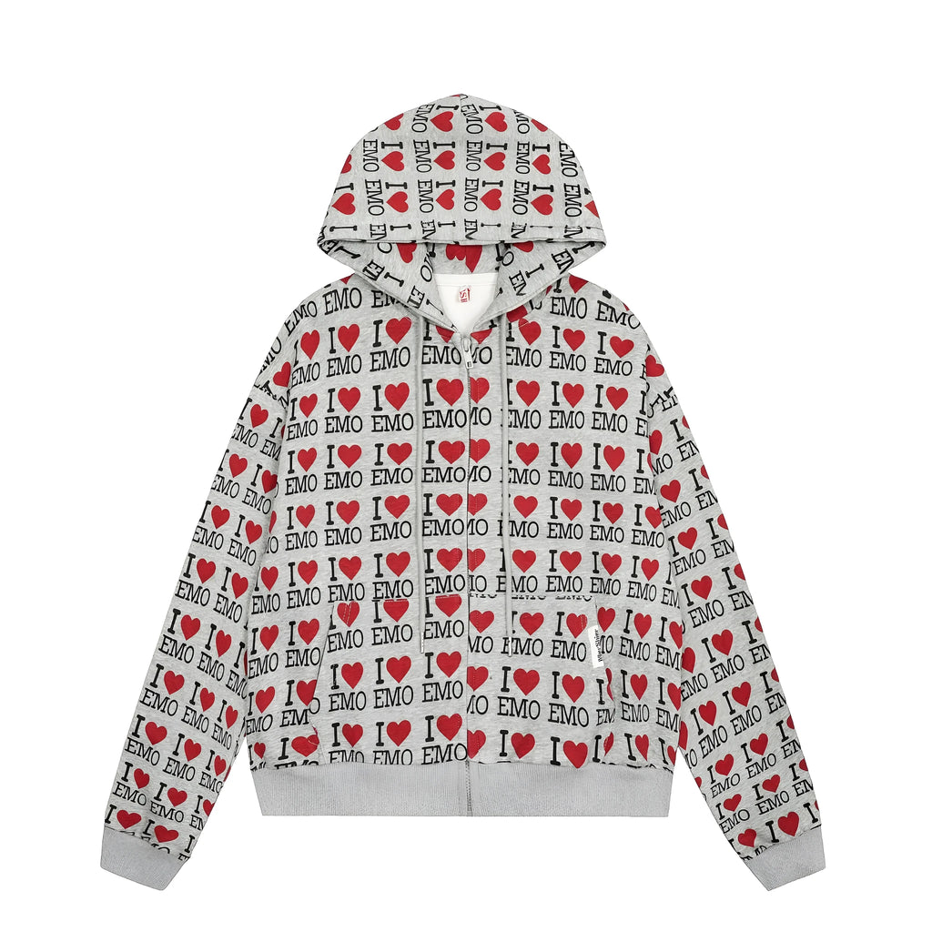 Mixed grey women's hooded cardigan sweater with long sleeves on a hanger.