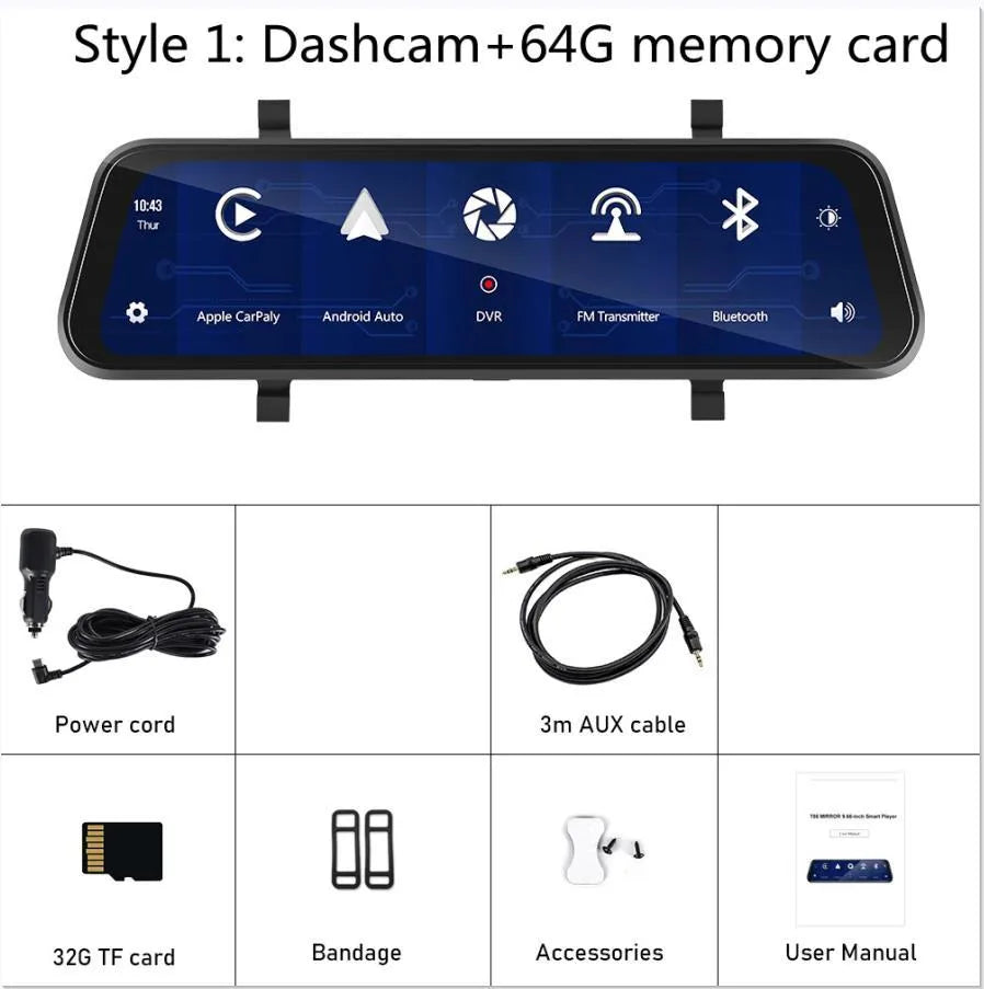 9.66-inch HD in-mirror car dash cam display with front camera and waterproof rear view camera on brackets.