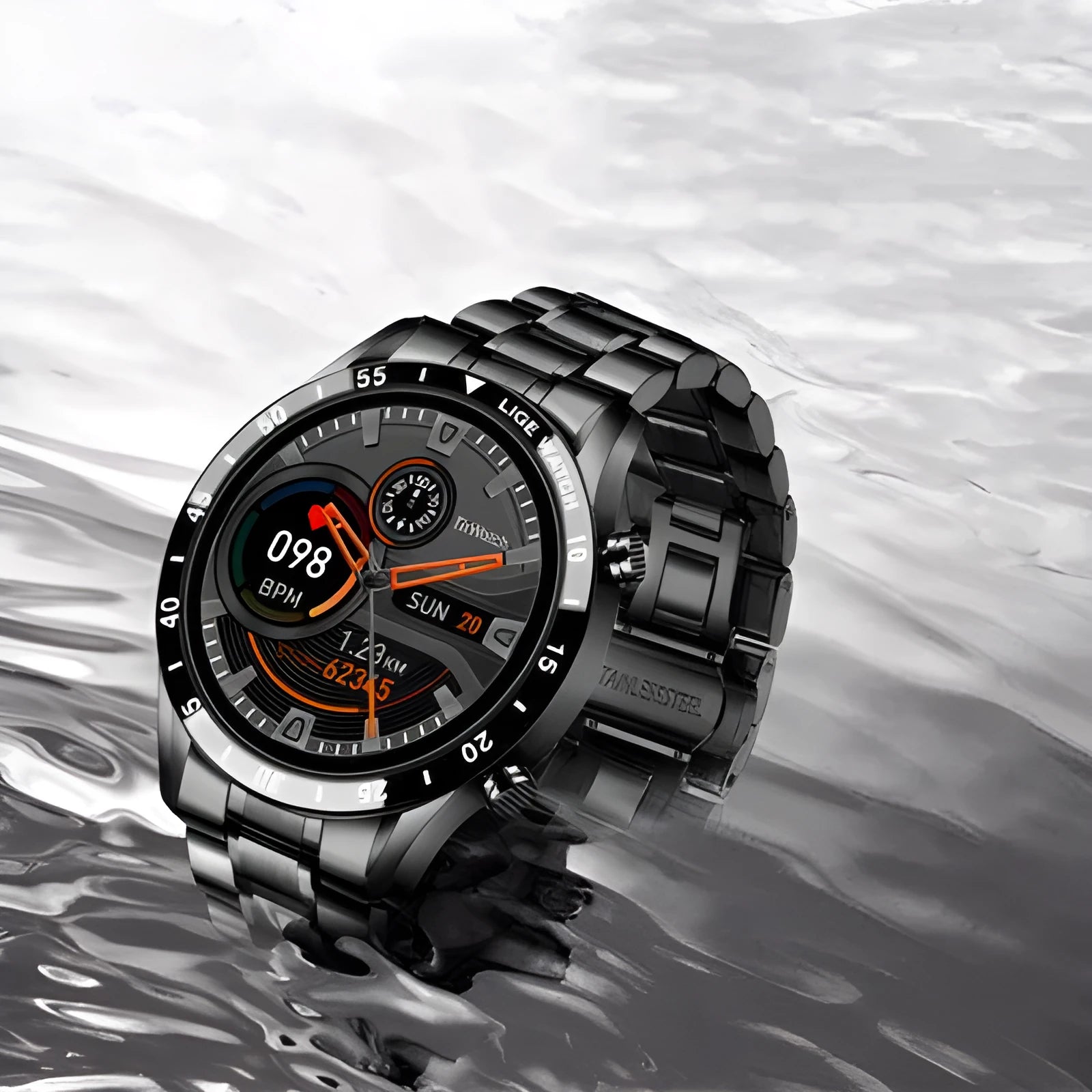 Smart watch with stainless steel wristband showing 1.3 inch touch screen display