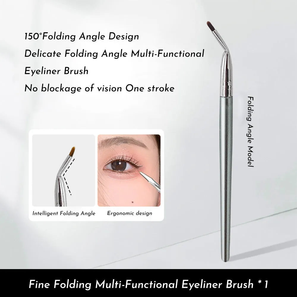 Close-up of a bend head eyeliner brush with a fine tapered tip for detailed eye makeup