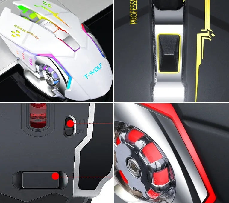 Black and white wireless charging mouse with six buttons and optical sensor