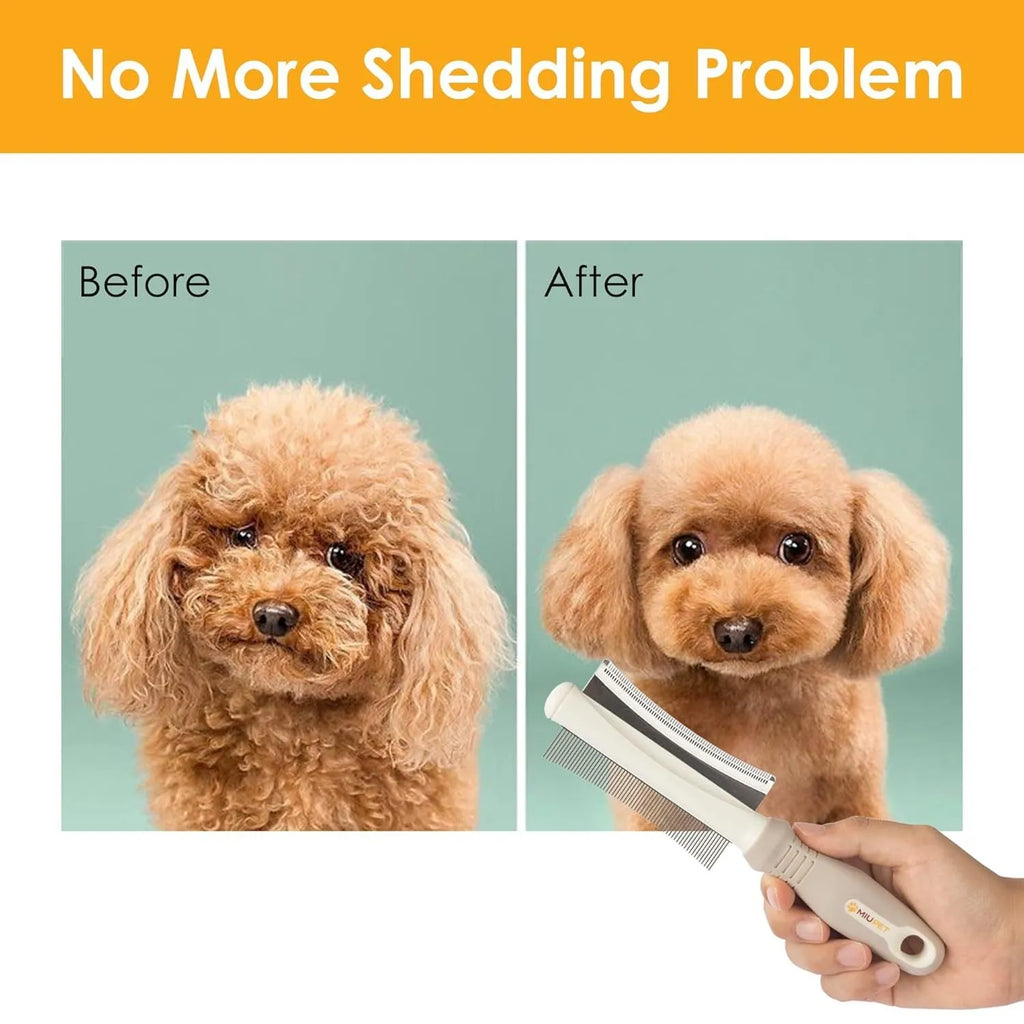 White dual-sided pet grooming brush with curved comb and deshedding blade on a grey handle.