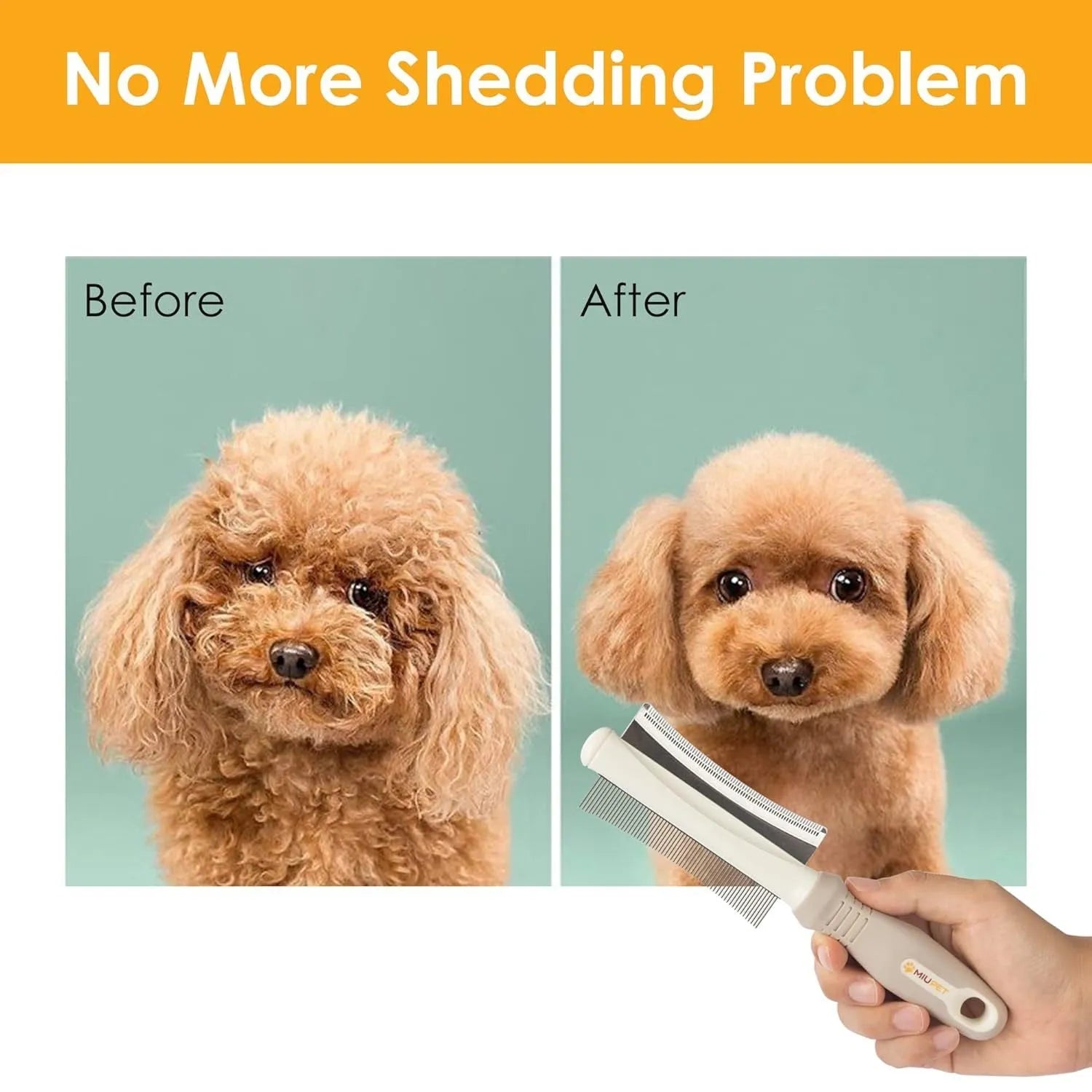 White dual-sided pet grooming brush with curved comb and deshedding blade on a grey handle.