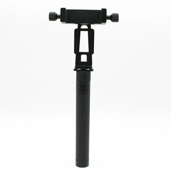 Black retractable aluminium selfie stick with foam grip, shown extended and collapsed.