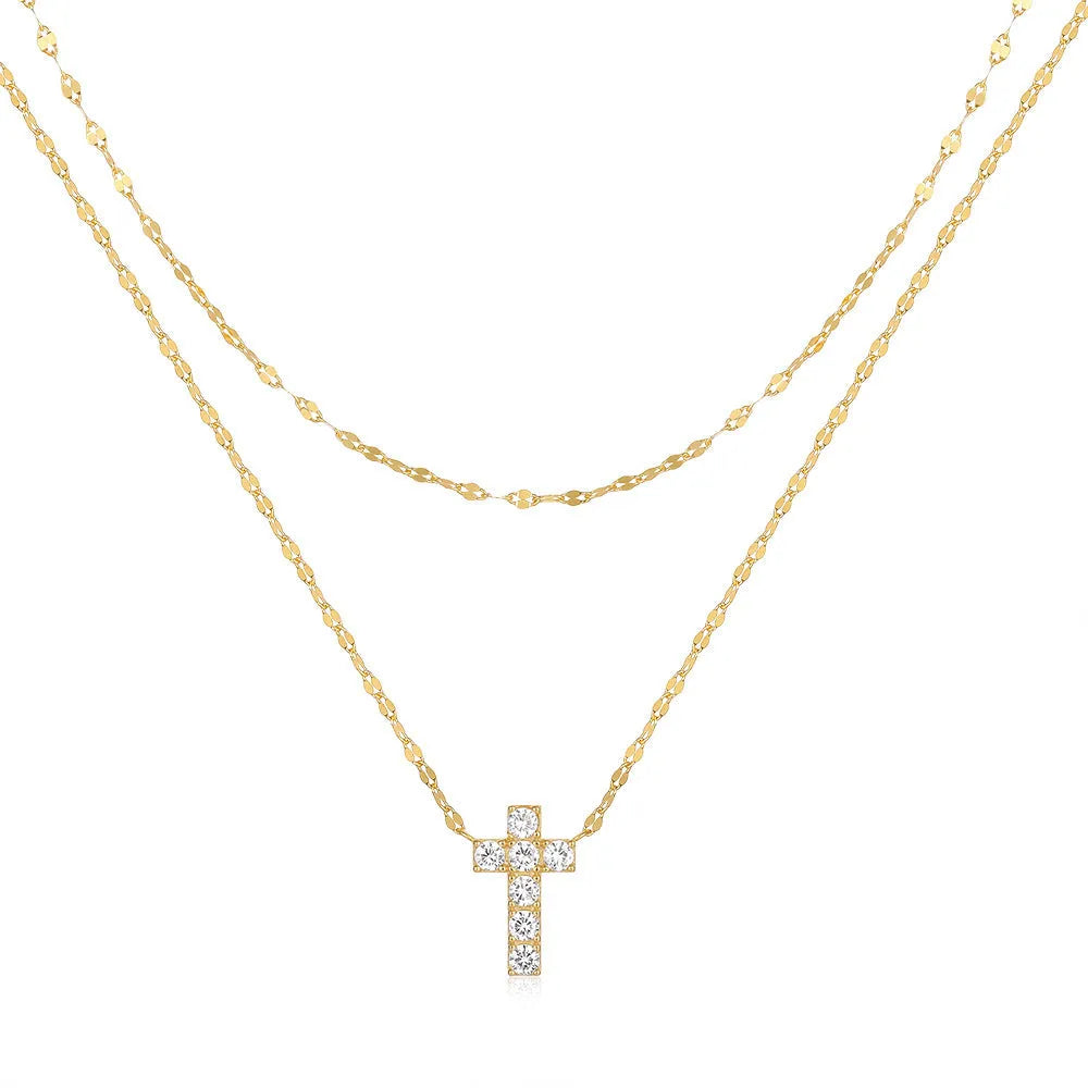S925 sterling silver double layer twin diamond cross pendant necklace on a clavicle chain in gold or white gold finish.