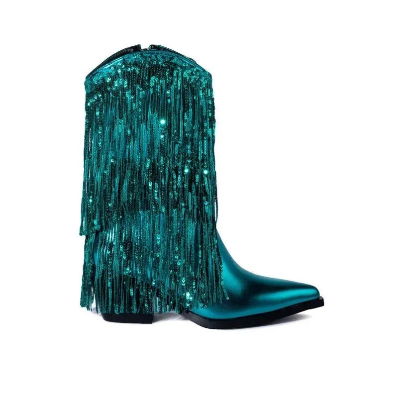 Women's black chunky heel ankle boots with tassel detail and a high stiletto heel on a plain background.