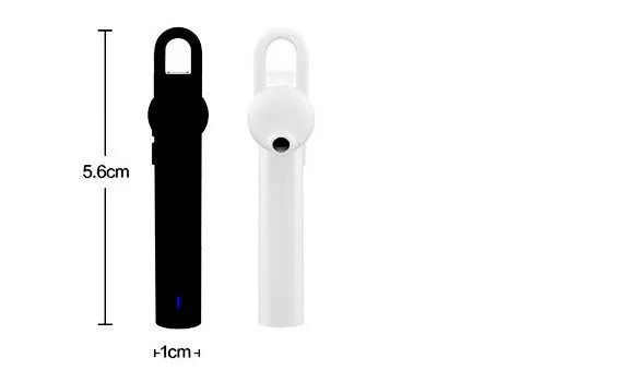 Compact black and white wireless Bluetooth earpiece showing 5.6 cm size dimensions