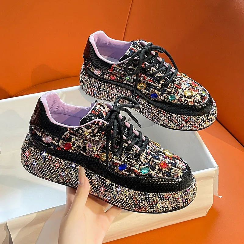 Women's colourful tweed platform loafers with gemstones on slip-on flat shoes, black and white options available