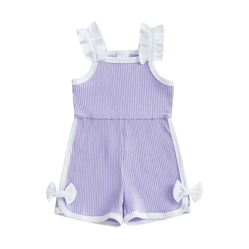 Baby girls cotton flounced sleeve bowknot suspenders jumpsuit in candy colours, pullover style