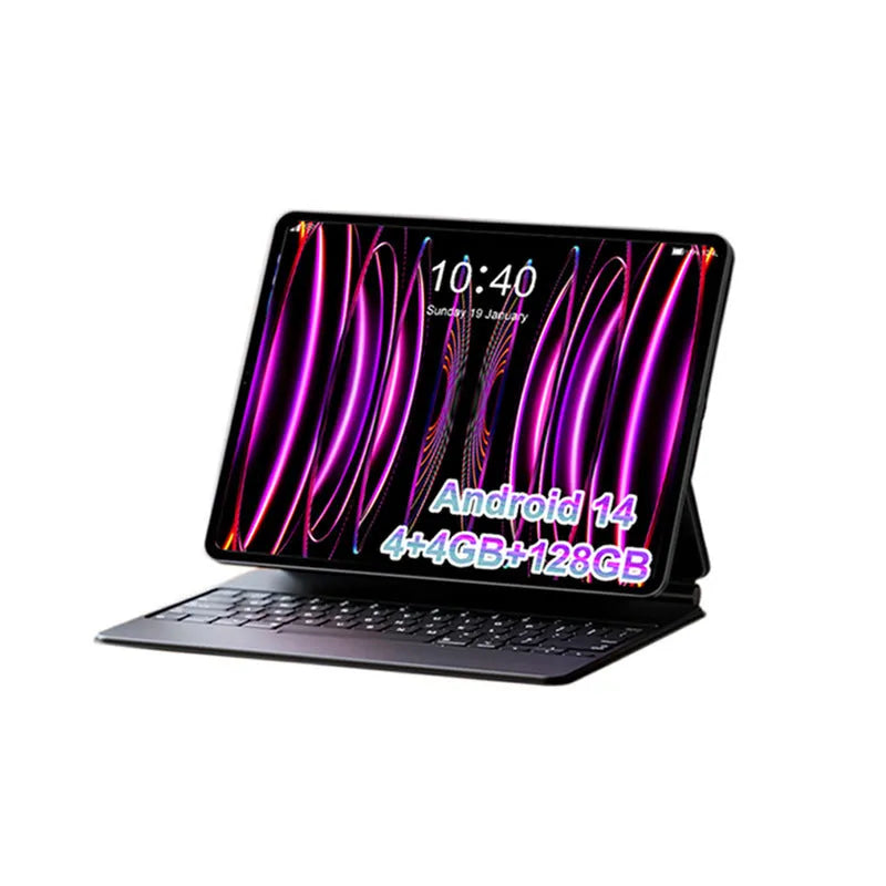 10-inch tablet PC in bare metal blue with leather keyboard case open on desk