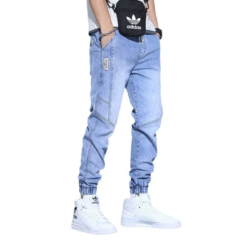 Men's slim fit ankle-tied harem jeans in blue, black, and gray – straight-leg cotton denim trousers
