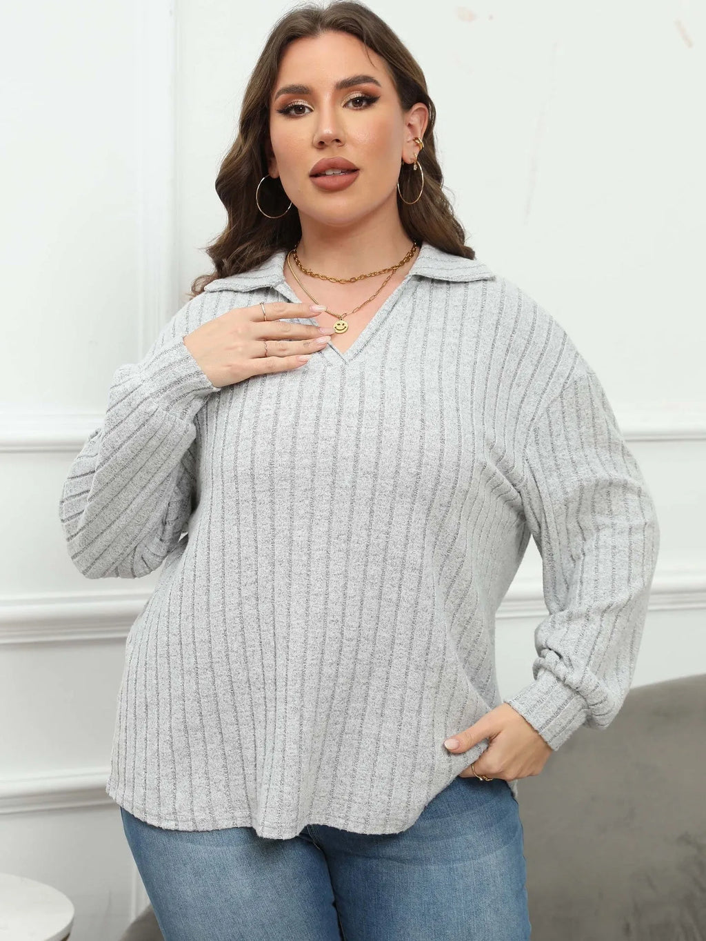 Women's plus size polo collar fleece shirt with lantern sleeves in melange gray