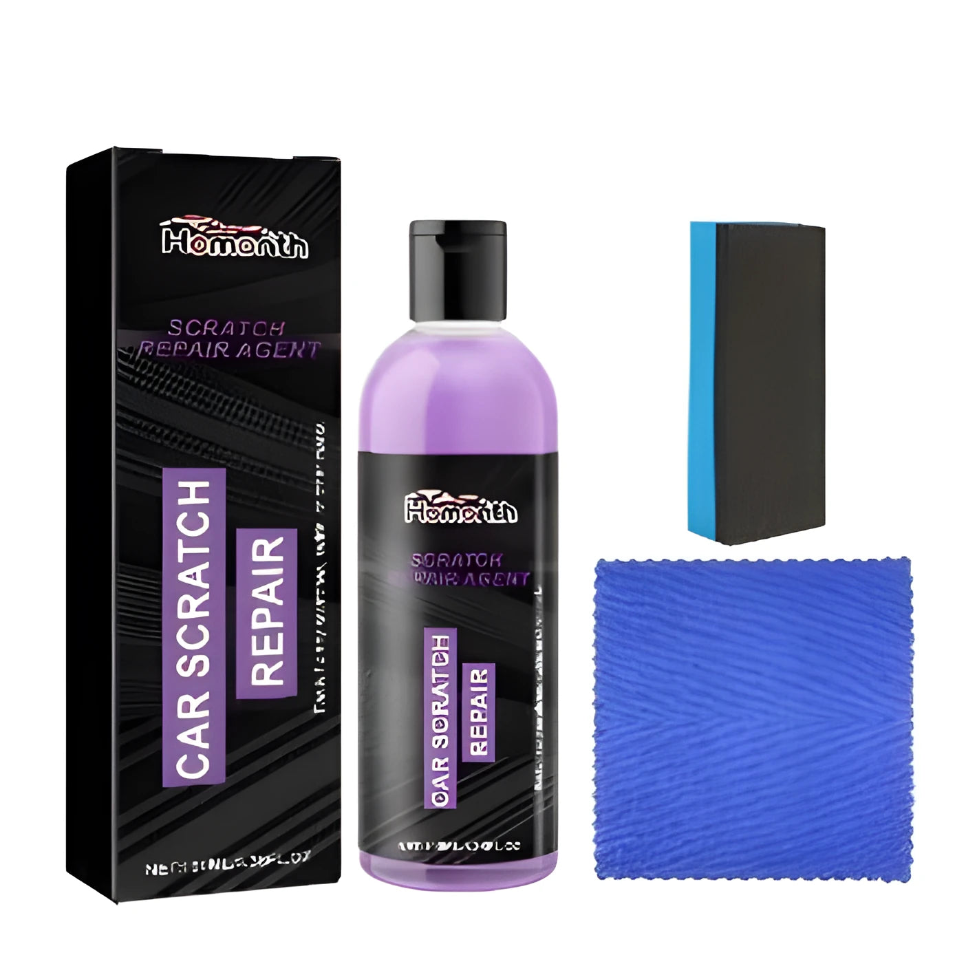 Scratch repair agent kit showing 100ml bottle, microfiber cloth and sponge applicator