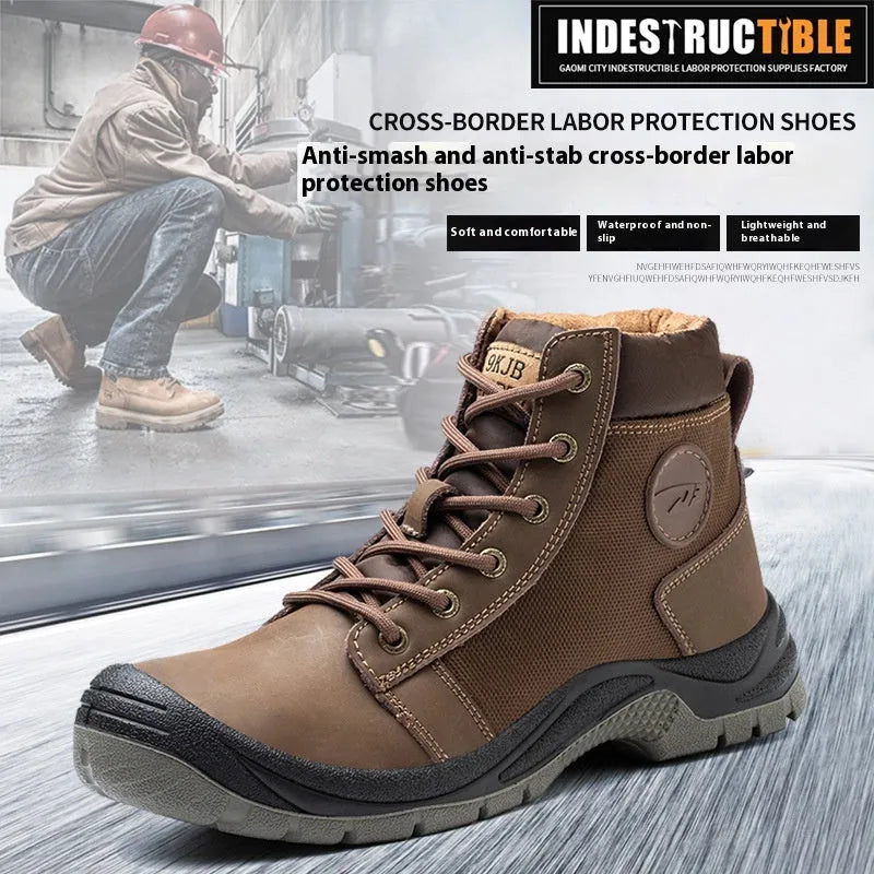 Orange and grey lightweight safety work shoes with leather upper and rubber sole for industrial protection