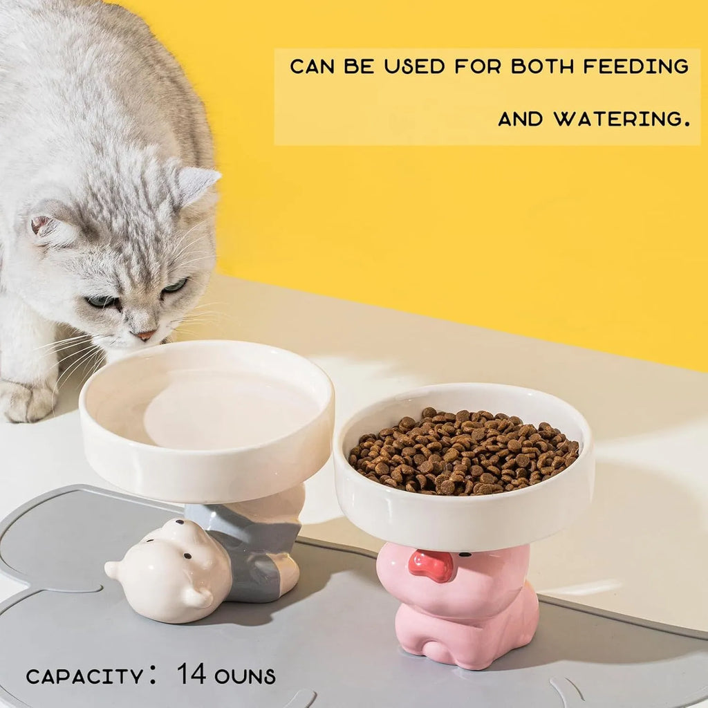 Raised ceramic pet bowl in animal design, showing wide opening for whisker comfort