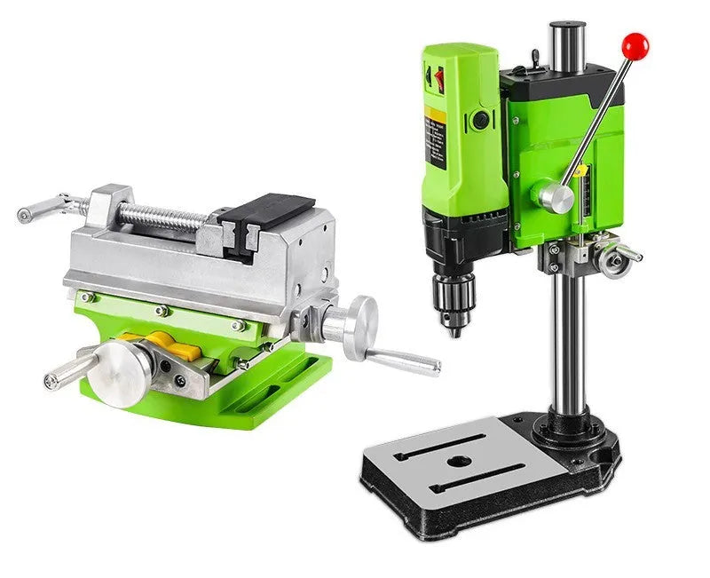 Bench-mounted drilling and milling machine with cross bench pliers and heavy-duty bench pliers.