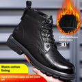 Men's black Martin leather ankle boots with square heel and high shaft on rubber sole