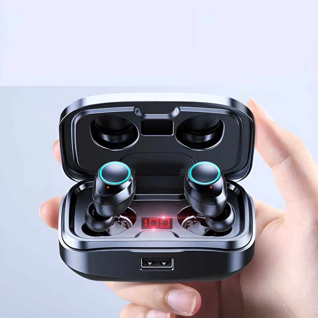 Black wireless in-ear earphones with Bluetooth 5.0 shown with a 10-metre range indicator.